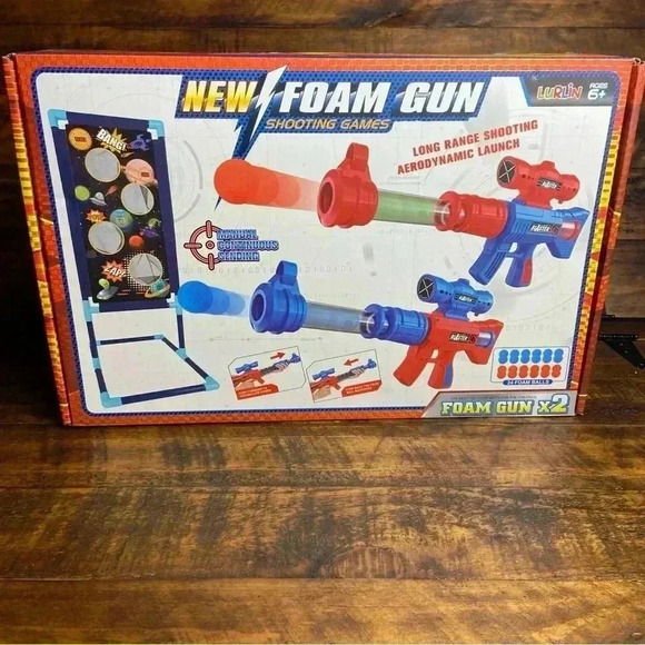 Kids Shooting Game Toy Set 2 Popper Pump Air Guns Targets 24 Foam Balls Ages 6+ - Picture 1 of 8